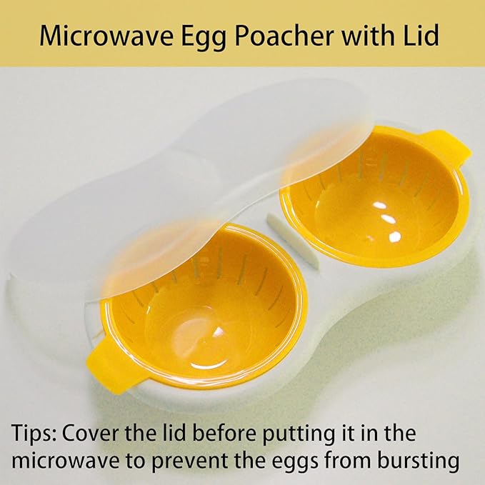 2 Cavity Microwave Egg Poacher, Microwavable Poached Egg Cooker with Lid & Handle Double Layer Microwave Egg Poacher Boiled Eggs Maker Poached Egg Cup for Breakfast with Oil Brush, Yellow