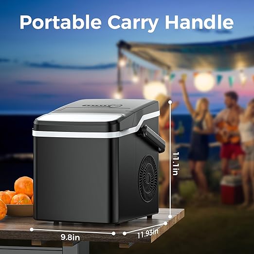 Ice Maker Countertop, Portable Ice Maker Machine, 26.5Lbs/24H, 9Pcs/6Mins, 2 Sizes of Bullet Ice, Self-Cleaning, Basket and Scoop, Ideal for Home/Office/Outdoor Use, Black