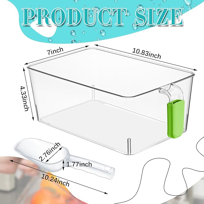 Havawish Ice Storage Bin and Flexible Scoop Set Plastic Freezer Bin with Pull Out Handle Storage Bucket Clear for Container with Scoop(Green,10.83 x 7 x 4.33 in,Classic)