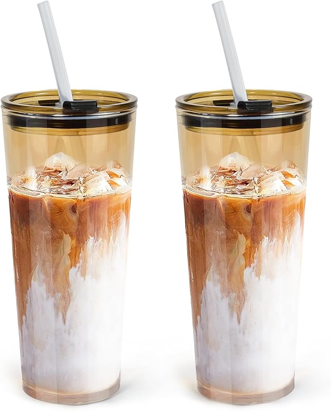 24oz 2 Pcs Glass Cups with Lids and Straws Drinking Glasses Tumbler Leak Proof Iced Coffee Cup Glass for Gift Cold Drink Smoothie Boba Tea(Amber*2)