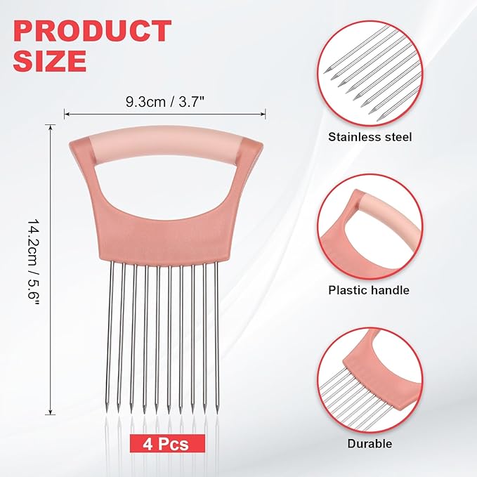 uxcell 4 Pcs Onion Slicer Holder, Stainless Steel Vegetable Cutting Holder Food Cutter Tool for Slicing Storing Onions Tomatoes Potatoes Avocados Apples, Pink