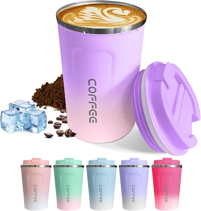 SPLMIFA Travel Coffee Mug Leak-Proof, Reusable Coffee Cups with Lid, Stainless Steel Vacuum Insulated Coffee Tumblers, Thermal Insulation Cup for Men and Women Hot & Cold Drinks(2nd-Purple Pink, 12OZ)