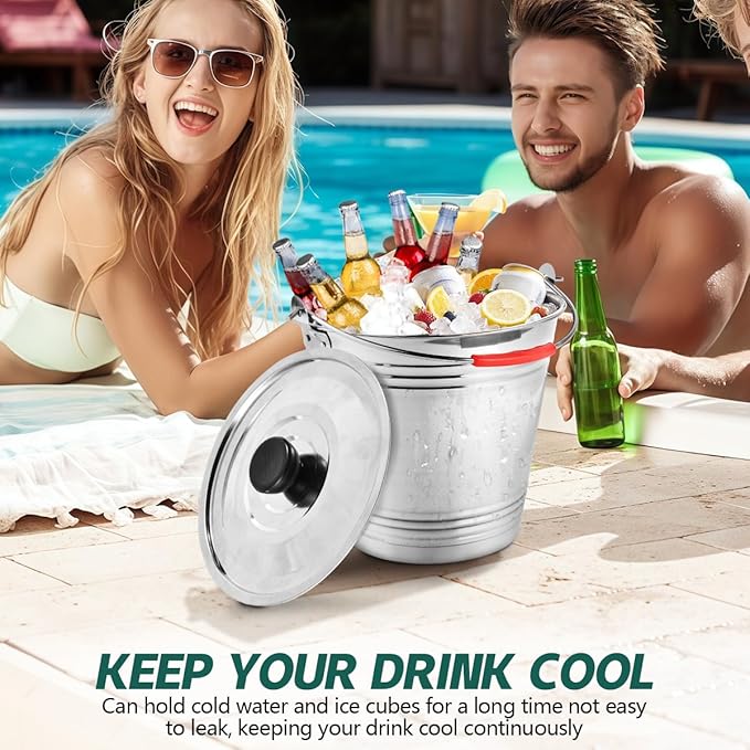OBTANIM 3 Pack 7L Stainless Steel Metal Ice Buckets Champagne Drink Cooler Storage Ice Pails with Handle and Lid for Party Favors Organizing Home Parties Bar Cooling Supplies