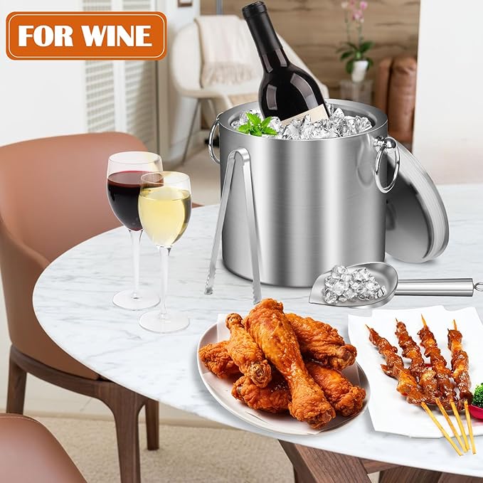 Ice Bucket with Lid & Tong- Well Made Insulated Stainless Steel Keep Ice Frozen Longer - Ideal for Cocktail Bar, Parties, Chilling Wine, Champagne - 3 Liter (Stainless Steel)