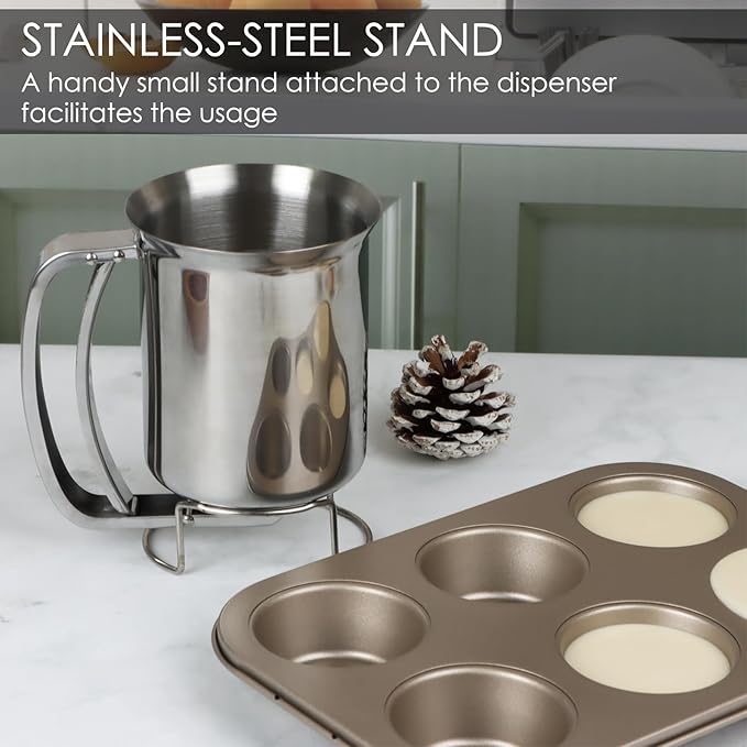 KAYCROWN 800ml Stainless Steel Pancake Batter Dispenser, Handheld Pancake Mix Dispenser, Cupcake Batter Dispenser for Baking Cake Cupcakes Crepes Waffles Pancake Kitchen Tool, Easy to Clean