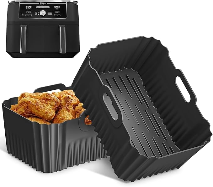 2PCS Silicone Air Fryer Liners, Reusable Silicone Liners for Ninja DZ401, DZ550, DZ302, Ninja Foodi Dual Air Fryer Accessories Baking Tray for 10 QT Airfryer Baskets