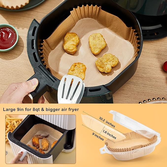 Ctizne Disposable Air Fryer Paper Liners, 125Pcs 9 In Large Square Parchment Paper Liner, Non Stick Baking Paper for 8Qt - 12Qt Air Fryer Basket Microwave Oven, Deep Fryer Parts & Accessories