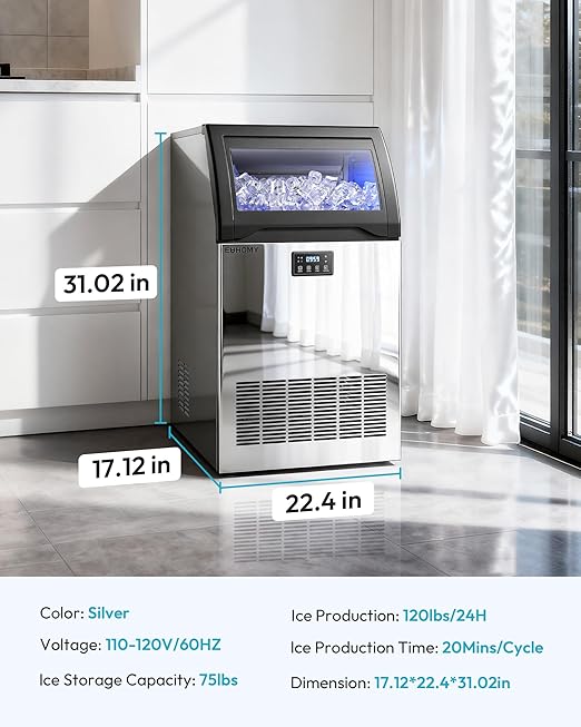 EUHOMY Commercial Gourmet Ice Maker Machine,120lbs/24H, Under Counter Ice Maker with 25lbs Storage, Non-Clumping Design,24pcs Hat Cubes Per Cycle, Freestanding Ice Maker for Home/Bar/Cafe/Restaurant