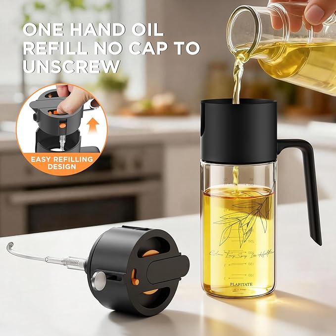 PLAPITATE 2Pcs 17oz Premium Olive Oil Sprayer for Cooking, 2 in 1 Glass Olive Oil Dispenser Bottle for Kitchen Gadgets, Spray Bottle with Portion Control for Salad, Frying, BBQ (Black & Lime Yellow)
