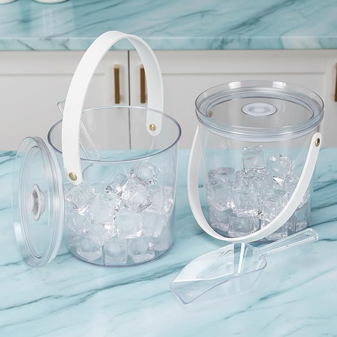 2 Pack Ice Bucket with Airtight Lid, Champagne Bucket with Handle, Plastic Beverage Tub for Parties, Bar Cart Accessories for Wine, Drink, Beer Bottles, Clear