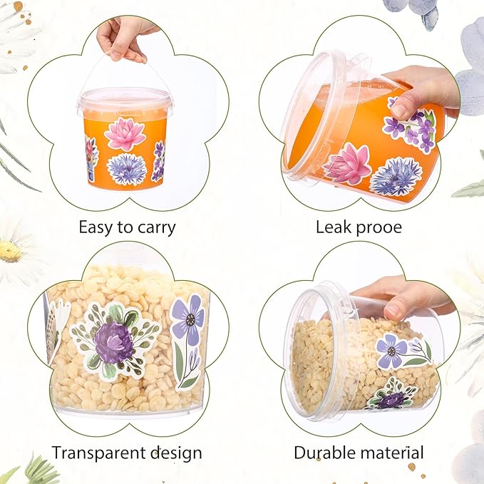 PerKoop 20 Pcs 32 oz Ice Cream Buckets with Lids and Handles Clear Cocktail Rum Buckets with Stickers Plastic Transparent Tub Reusable Food Storage Containers for Parties(Floral Leaf)