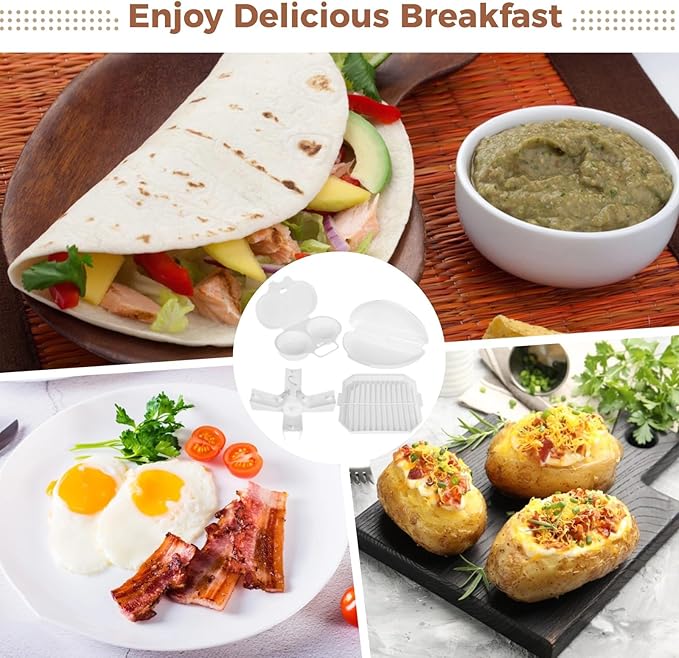 6 PCS Microwave Breakfast Cooking Set, Includes microwave egg cooker, Omelet Maker, Bacon Tray, Potato Rack, Silicone Spatula & Brush, Non-Stick and Easy-to-Use Microwave Egg Bacon Cooking Kit
