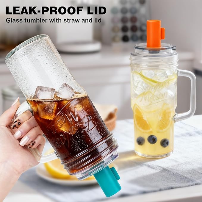 Anotion Mason Jar Cups with Lids and Straw, Leakproof 24oz Glass Tumbler with Handle, Leak-Proof Dustproof Cap, Self-Assembly Silicone Straw, Reusable Iced Coffee Matcha Cup Coffee Gifts for Women 4pc