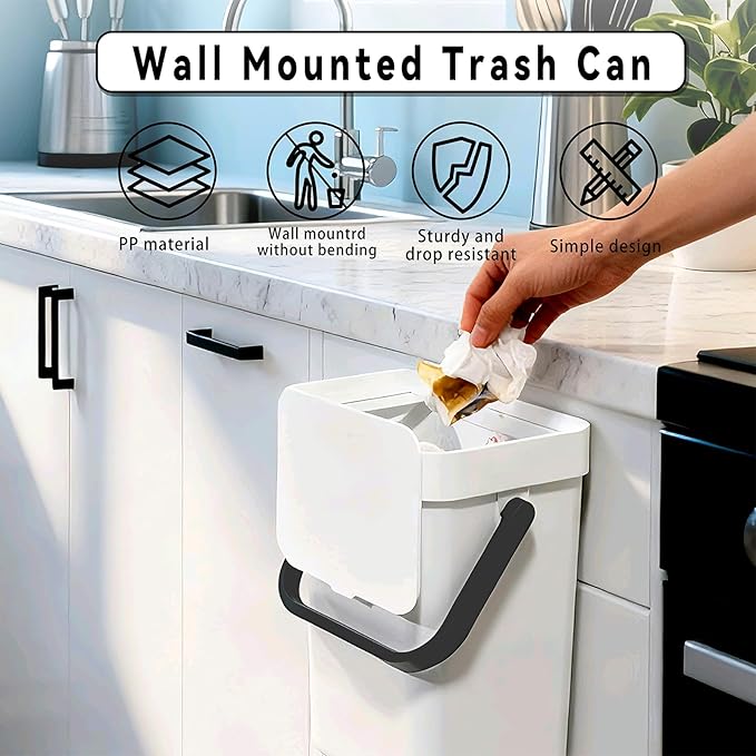 Compost Bin Kitchen, for use on Countertops or Under Sinks, Hanging Trash Can with Lid, Mountable Indoor Compost Bucket, for Cupboard/Bathroom/Bedroom/Office/Camping (White 0.8 Gallon/3L)