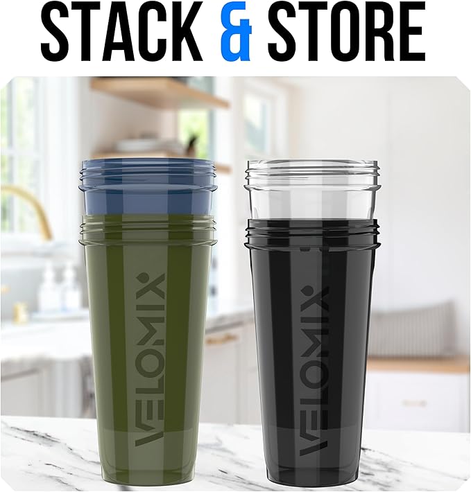 VELOMIX -4 PACK- 28 oz Protein Shaker Bottle for Protein Mixes - 4x Wire Whisk | Leak Proof Shaker Cups for Protein Shakes | Protein Shaker Bottle Pack | Protein Shake Cup (NeoCool Pack)