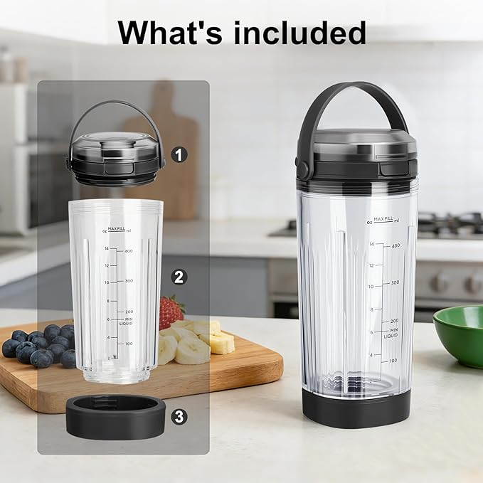 Ninja Blast Accessories 3pcs - Replacement Parts 18oz Blending Vessel Cup & Vessel Cap & Sip Lid with Carry Handle, Compatible with Ninja Blast Portable Blender BC100 Series and BC151 Series Black