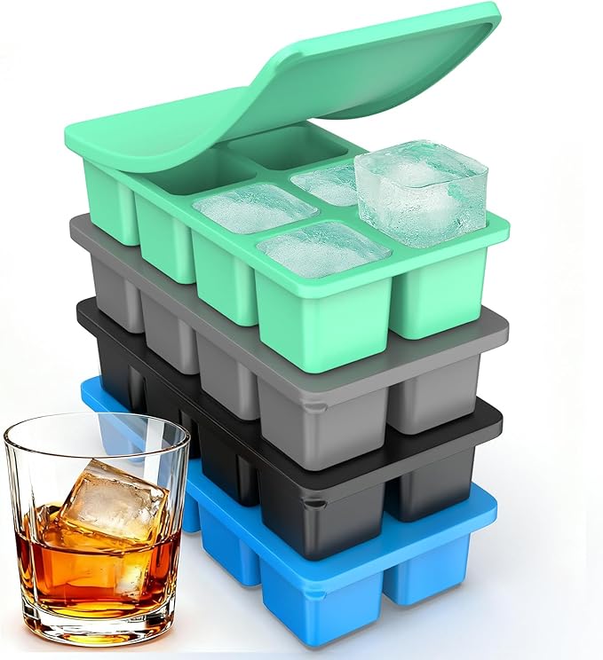 Large Silicone Ice Cube Trays with Lids, ZDPMK 4 Pack Large Whiskey Ice Cube Molds, Easy‑Release 2 Inch Square Big Ice Cube Molds for Freezer, Cocktails, Iced Coffee, Baby Food, Dishwasher‑Safe