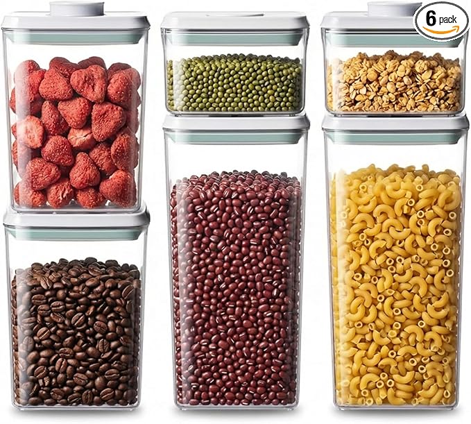 Pop Airtight Food Storage Containers with Lids Stackable Containers for Kitchen Pantry Organization Ideal for Cereal Snacks Flour Sugar Coffee and Spaghetti (gray, 6 pcs)