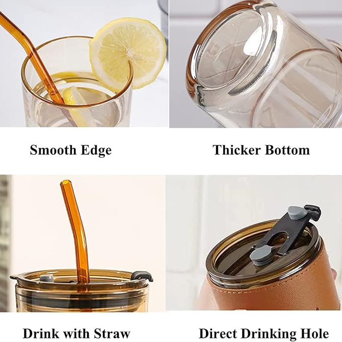 BLUEPOLAR 13 oz Tumbler Water Glass, Water Bottle with Straw and Dustproof Lid, Coffee Ice Cup Double Wall Insulated Glass Cup (Amber with Sleeve and Strap)