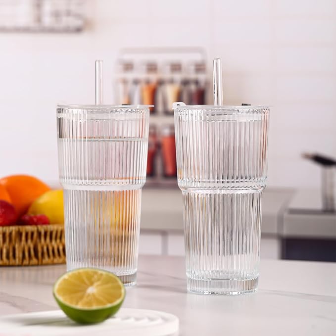 4PCS Ribbed Glass Cups with Lids and Straws, 20oz Vintage Drinking Glasses, Aesthetic Iced Coffee Cups, Glass Tumbler for Boba, Beer, Tea, Cocktails, Ribbed Glassware Set,Clear