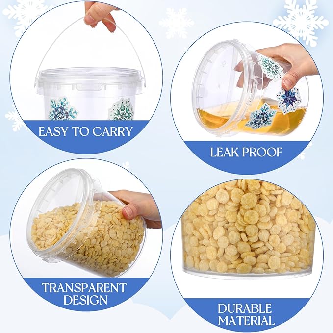 PerKoop 20 Pcs 32 oz Ice Cream Buckets with Lids and Handles Clear Cocktail Rum Buckets with Stickers Plastic Transparent Tub Reusable Food Storage Containers for Parties(Snowflake)