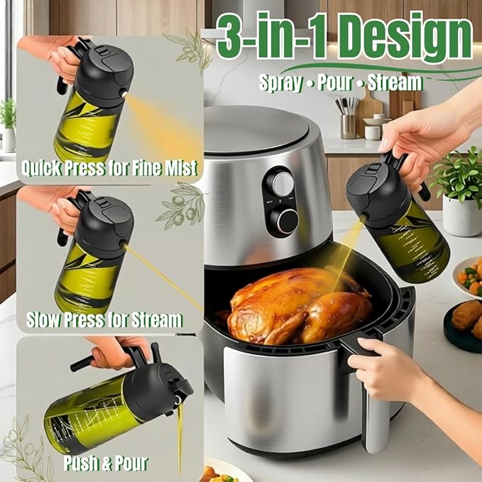 2 in 1 Olive Oil Dispenser and Sprayer,Kitchen oil dispenser bottle with measurement markings,16oz Light Blockage Dark Oil Sprayer,2pcs grilling spray bottle,oil sprayer fine mist for Salad
