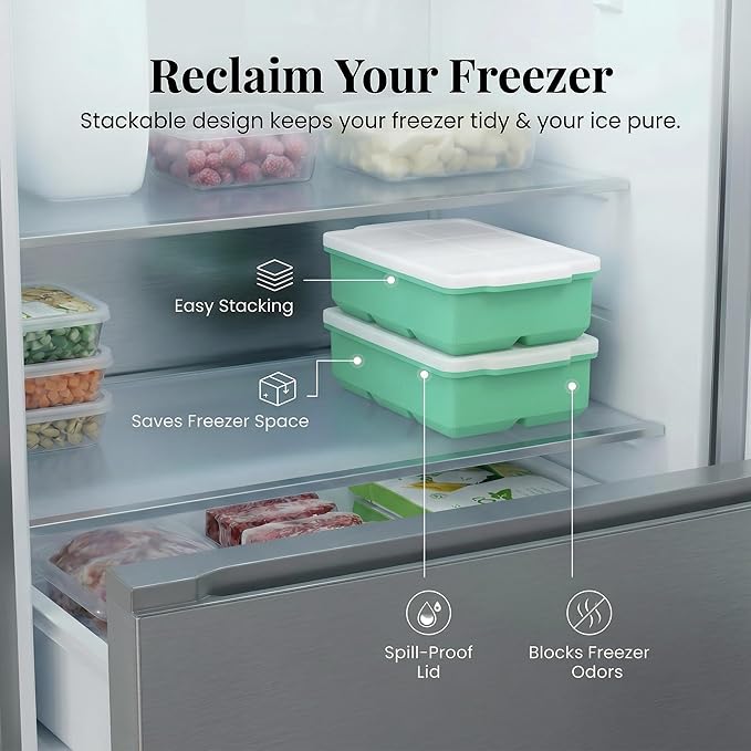 KitchFort Large Silicone Ice Cube Tray (2-Pack), Easy Release 2" Big Ice Cubes - Cocktail, Whiskey Ice Cubes Mold - Ice Trays for Freezer with Lid - Stackable Silicone Ice Tray - Green