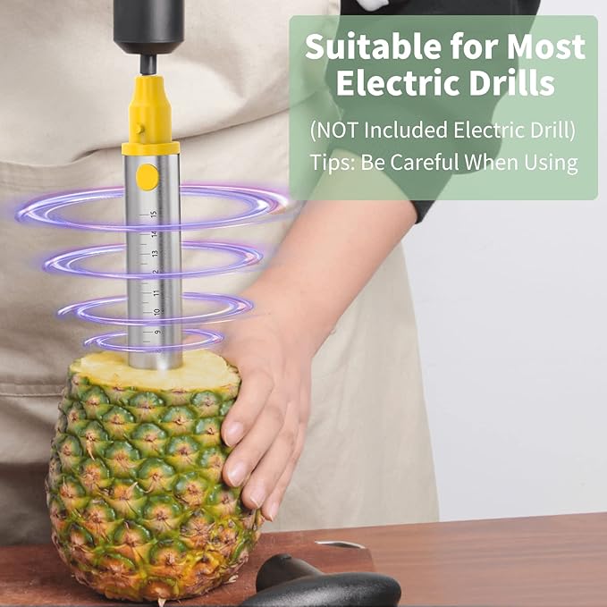 Newness Pineapple Corer with Knife, [Upgraded, Electric & Manual] Stainless Steel Fruit Pineapple Cutter with Electric Drill Accessory, Pineapple Slicer Remover Kitchen Tool with Measure Mark, Yellow