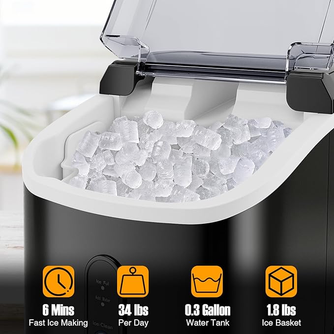 COSTWAY Nugget Countertop Ice Maker, Ready in 6 Mins, 34 lbs/24H, Ice Machine with Soft Chewable Pellet Ice, Self-Cleaning, One-Click Operation, Ice Basket & Ice Scoop for Kitchen (Black)