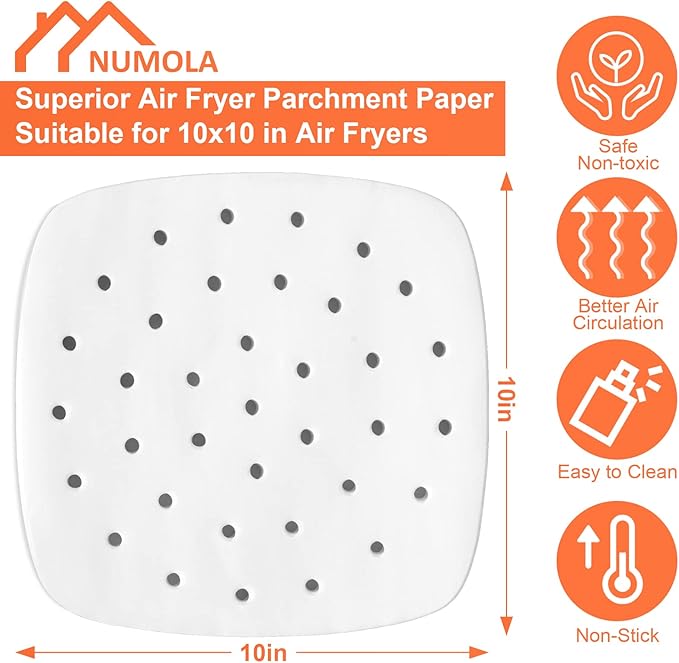 Numola 100 Pcs Air Fryer Liners Disposable Parchment Paper, 10 Inch Perforated Airfryer Sheets for Baking, Square Non-Stick Steamer Liner for Oven, Microwave, Steaming Basket