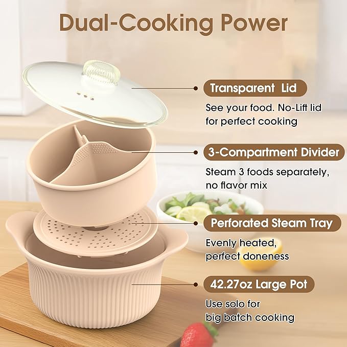 42oz Microwave Silicone Steamer 3 Compartmented for Vegetables/Fish/Baby Food, 4 in 1 Microwave Pot with Handle, Lid, Basket, Recipe ,Oven & Dishwasher Safe, Easy Clean, Korea Design 100% Food Grade (Pink)