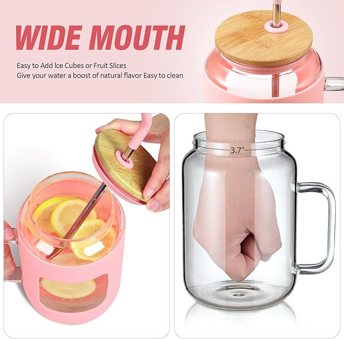 WINSA 50 oz Glass Water Bottles with Silicone Sleeve,Glass Tumbler with Lid and Straw,Iced Coffee Cup with Handle,BPA Free-Pink
