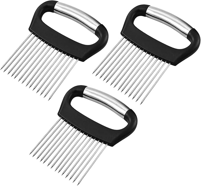 3 Pack Stainless Steel Onion Slicer, Lemon & Vegetable Cutter with Handguard, Meat Tenderizer for Easy Food Prep