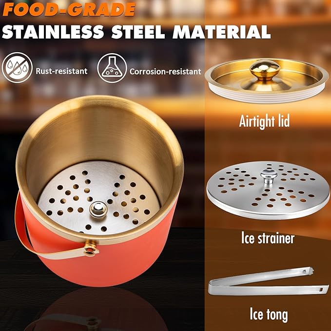 Ice Bucket, 3L Double-Wall Stainless Steel Insulated Ice Bucket With Lid and Ice-Tong, Ice-Buckets for Parties Home Bar, Chilling Beer, Champagne, Wine Bottle(Orange Gold)