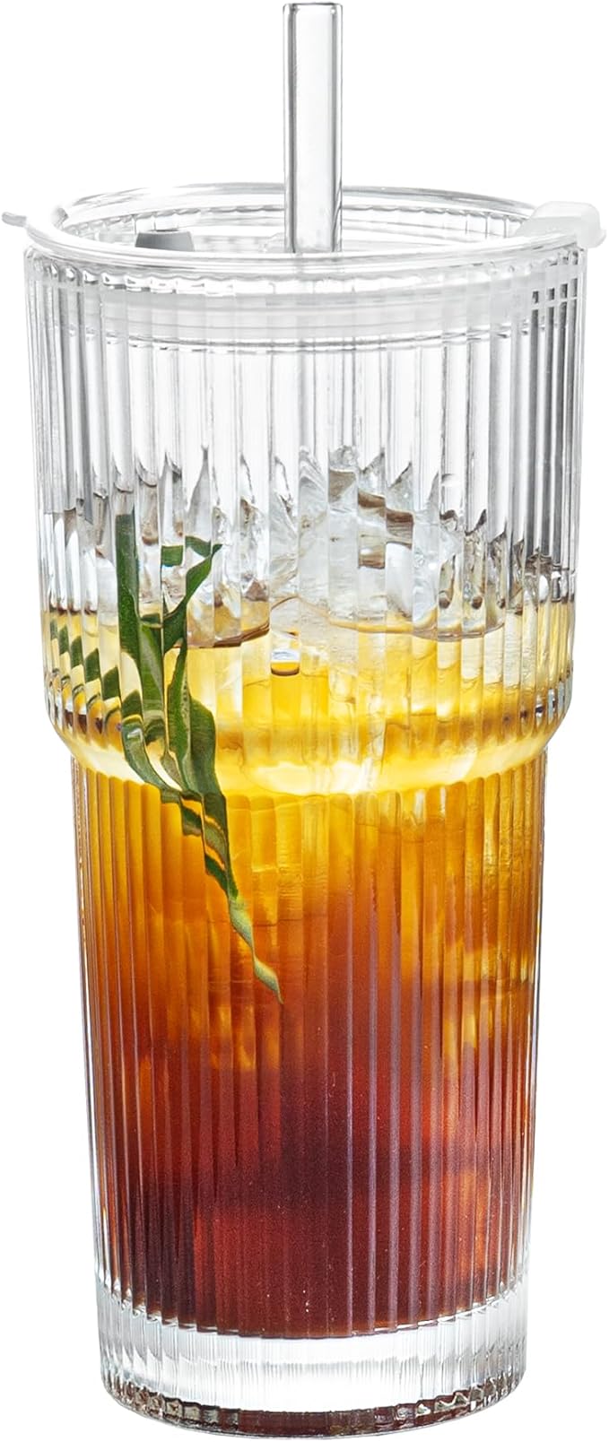 Puraville 20oz Glass Cup with Lid and Straw, Vintage Ribbed Glassware for Whiskey Cocktail Beer, Mason Jar Drinking Glasses Tumbler Iced Coffee Cup