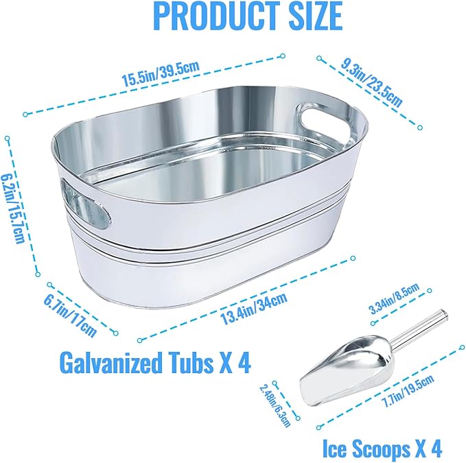 4Pcs 4 Gallon Galvanized Ice Bucket Large Galvanized Tub with Scoops Ice Bucket for Parties Mimosa Bar Supplies with Carry Handles Metal Beverage Tub for Champagne Cocktails Beer Drink Wine