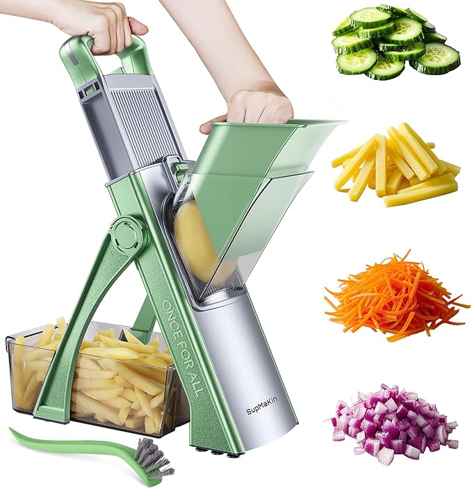 SUPMAKIN Safe Mandoline Slicer, Adjustable Vegetable Food Slicer and Chopper, Potato Fries Fry Cutter, Veggie Salad Chopper, New Kitchen Chopping Artifact Gifts 2024 (MC Green)