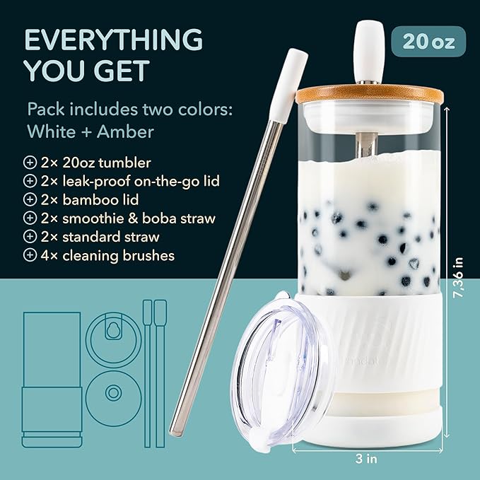 Pandaloo® Glass Cups With Lids and Straws -20 Fl Oz- Perfect Size Iced Coffee Cup - Smoothie Cup With Bamboo Lid and On the go Lid - Glass Tumbler (2 Count (Pack of 1), Amber Sand-Coton White)