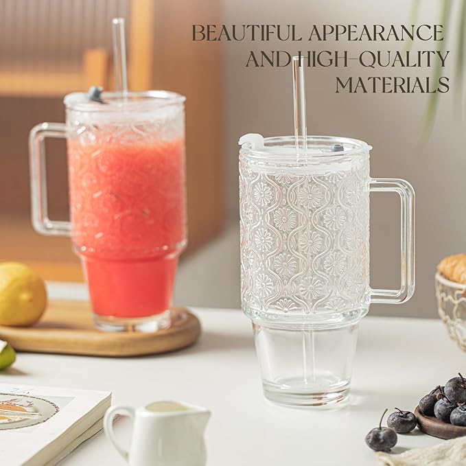 KEMORELA 24oz Ribbed Glass Cups with Lids and Straws,Glass Tumbler with Handle,2 set–Reusable Glass Ice Coffee Cups with Lid and Straw for Smoothies,Tea,Juice,Boba Cup for Cold & Hot Drinks,Travel Cup