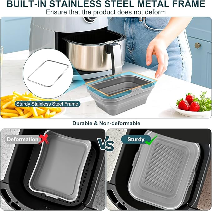 Silicone Air Fryer Liners Collapsible, 8.2 Inch Reusable Air Fryer Liners With lid-Long-lasting Freshness - Easy to Clean Air Fryers Pot for 5.8 to 8 Qt Baking Tray Oven Accessories,Gray