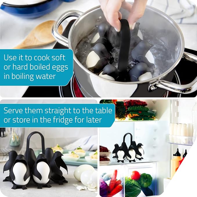 PELEG DESIGN Egguins Egg Cooker for Hard Boiled Eggs and Soft Boiled Eggs – 3-in-1 Boiled Egg Holder for Cooking, Fridge Storage & Serving – Unique Penguin Kitchen Gift, Holds 6 Eggs