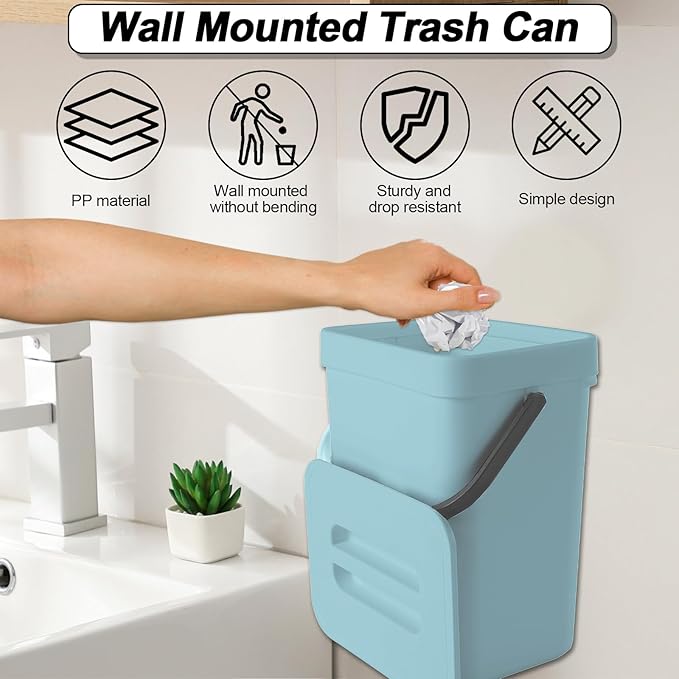 Compost Bin Kitchen, for use on Countertops or Under Sinks, Hanging Trash Can with Lid, for Cupboard/Bathroom/Bedroom/Office/Camping, Mountable Indoor Compost Bucket(Blue 1.3 Gallon/5L)