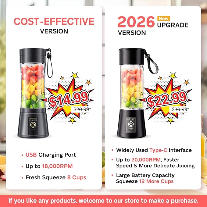 Cordless Portable Personal Size Blender - Mini Blender Make Smoothies and Shakes, 380Ml BPA Free Travel Cup, Powerful Blending Suit in Office/Home/Gym