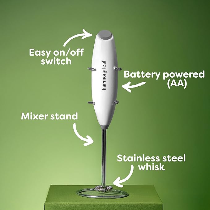 Harmony Leaf Handheld Milk Frother, Stainless Steel Electric Drink Mixer with Stand, Battery Operated Coffee Frother for Lattes, Matcha, Hot Chocolate and More, White