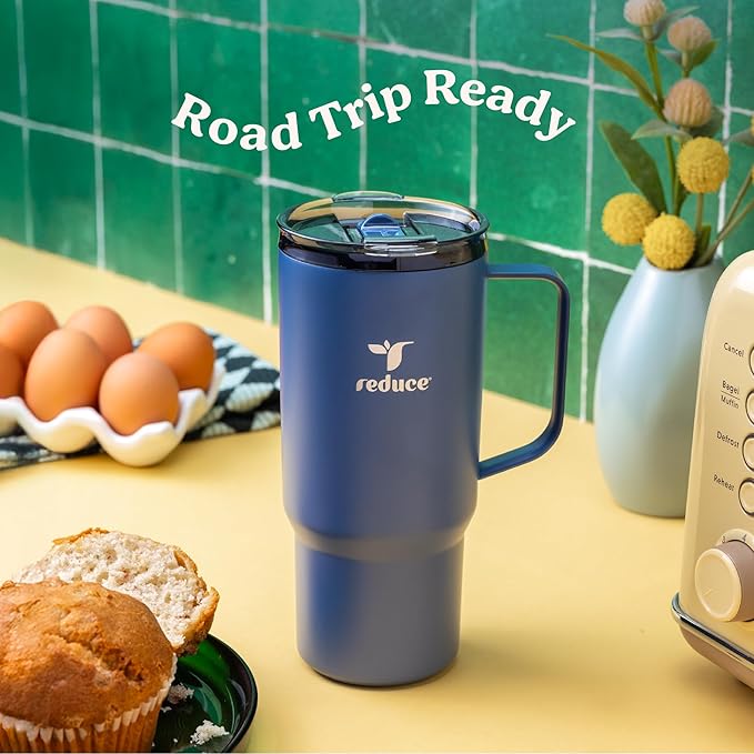 REDUCE 24 oz Hot1 Vacuum Insulated Mug for Hot Tea, Coffee and Other Hot Drinks - With Flo-Motion Lid and Handle, Single-Serve and Cupholder Friendly, Keeps Drinks Hot for up to 8 Hrs, Mineral Blue