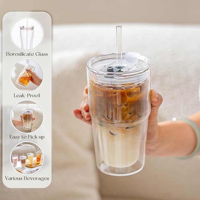 KEMORELA 16oz Clear Glass tumbler with Lids and Straws 2pcs,Double Wall Iced Coffee Cups with Lids,Coffee Bar Accessories, Insulated Borosilicate Glass Tumblers, To Go Coffee Cups, Spill proof