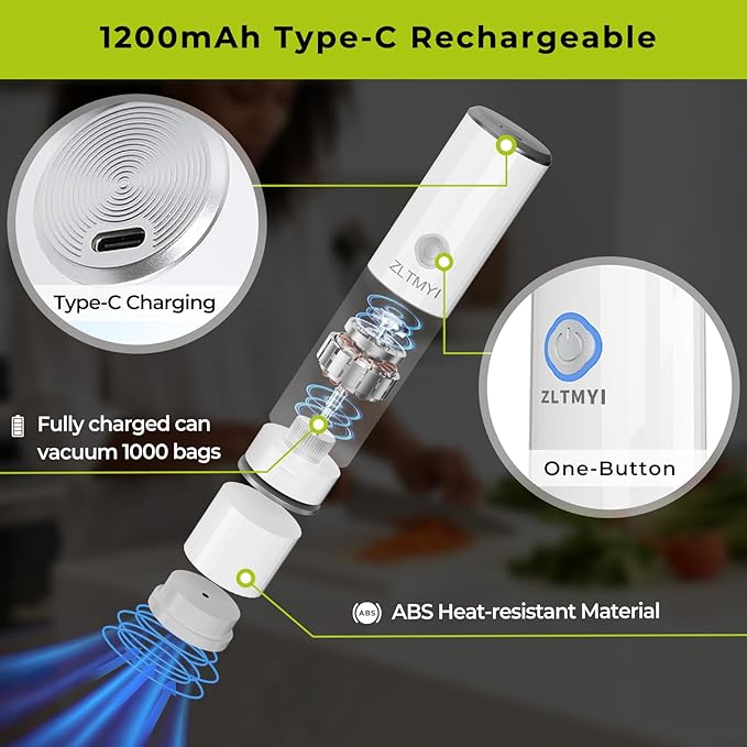 Handheld Vacuum Sealer for Food, 65kPa Portable Vacuum Pump with 20 BPA-Free Reusable Food-Grade Bags, Type-C Rechargeable for Meal Prep, Leftovers, Freezer Storage, Sous Vide & Containers
