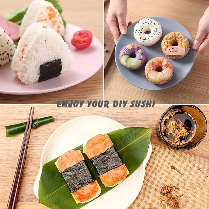 AYCCNH 4 Pack Sushi Maker Kit, Non Stick Musubi Maker Onigiri Triangle Sushi Press (Large & Small), Donut Rice Shaper Mold DIY Tool