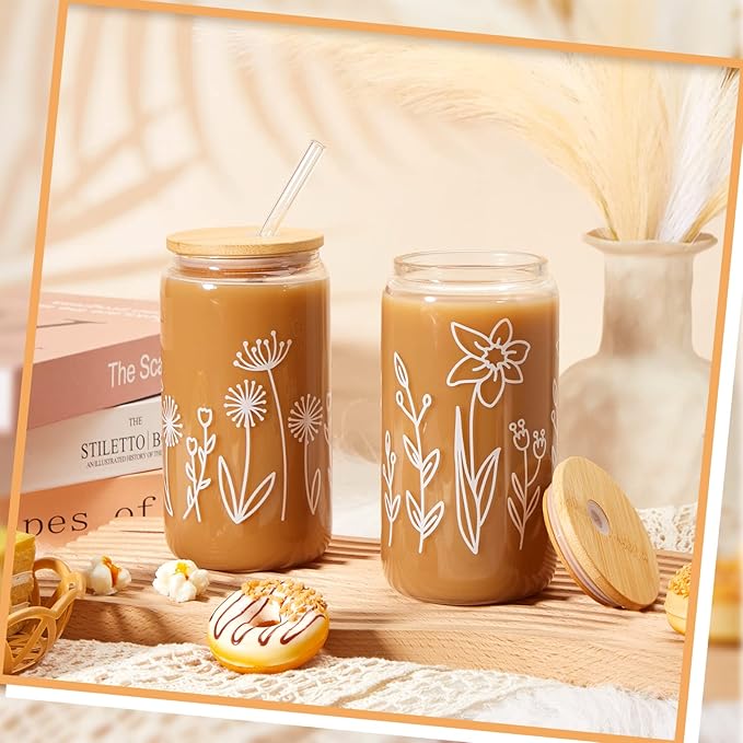 Mumufy 24 Pack Wedding Favor Glass Tumblers Boho Floral 16oz Iced Coffee Cups with Bamboo Lids and Straws Elegant Wedding Guest Favors and Reception Drinkware
