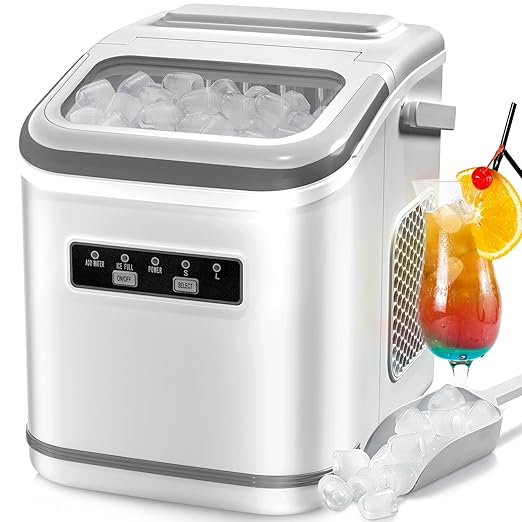 Ice Maker Countertop, Portable Self-Cleaning Ice Machine with Ice Scoop and Basket,9 Cubes in 6 Mins, 26.5lbs/24h,2 Sizes of Bullet Ice Cube for Home Kitchen Office Bar Party(White)